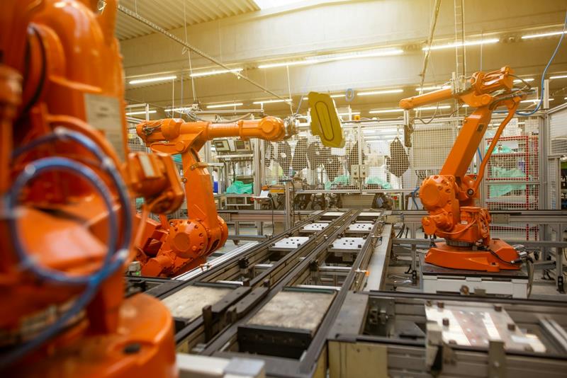 Industrial robots on an automotive parts assembly line